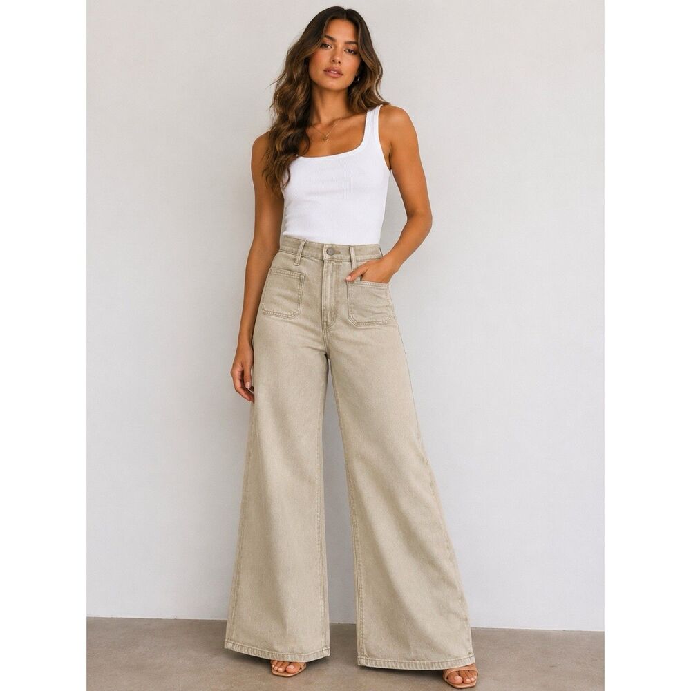 MOTHER Beige Wide Leg Flare Jeans